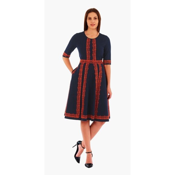 Eshakti Dress Women's Size 2X Lace Trim Cotton Knit Dress Navy Red Lace Accent J - Picture 2 of 4